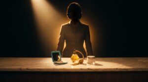 Balcão de cosméticos dos anos 1950 com perfume dourado — Estée Lauder e a lição de autoridade de marca