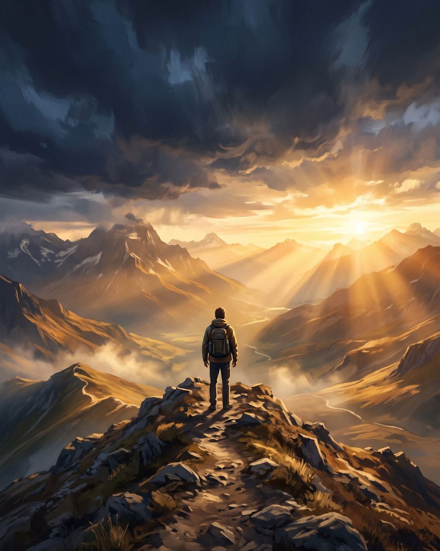 Pessoa no alto de uma montanha ao nascer do sol, imagem do ciclo Superação