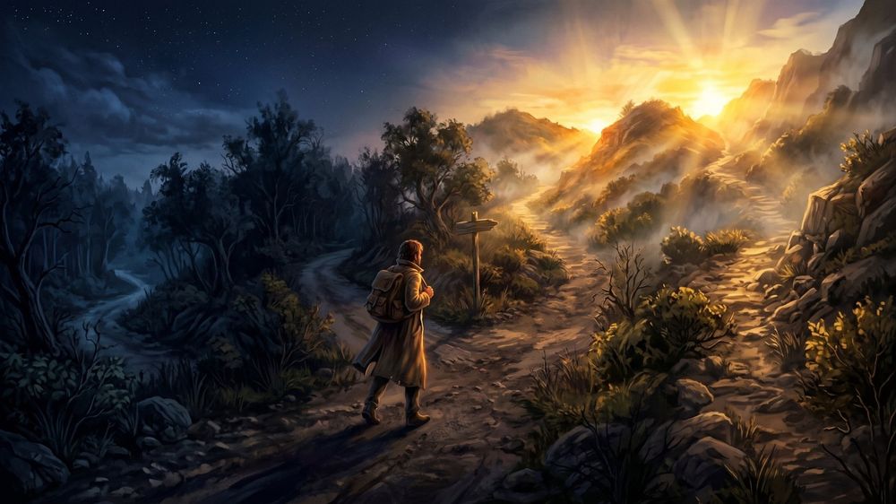 Viajante numa trilha ao amanhecer, tema da live Virada